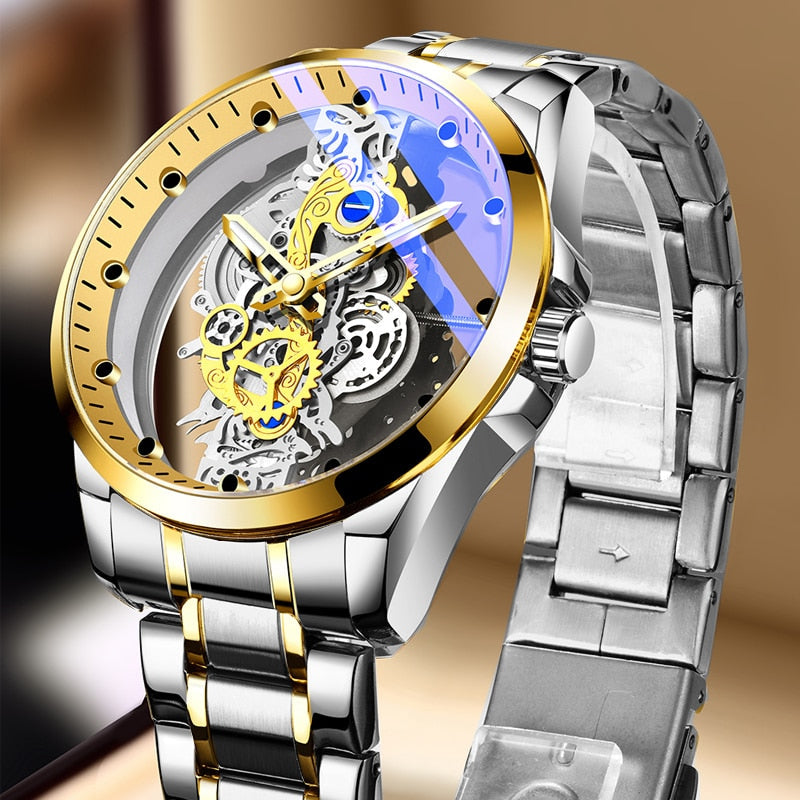 The Skeleton Watch Apresentando o epítome da elegância atemporal – The Skeleton Watch. Este relógio requintado mostra a beleza intrincada da relojoaria, com um design esqueletizado cativante que expõe as intrincadas engrenagens e mecânicas internas.