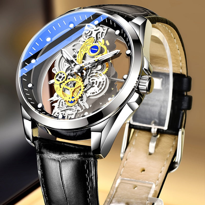 The Skeleton Watch Apresentando o epítome da elegância atemporal – The Skeleton Watch. Este relógio requintado mostra a beleza intrincada da relojoaria, com um design esqueletizado cativante que expõe as intrincadas engrenagens e mecânicas internas.