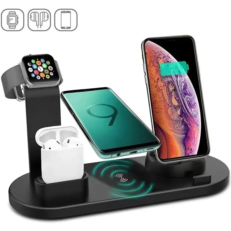 CARREGADOR UNIVERSAL SEM FIO, 6x1 "Aproveite agora nossa oferta exclusiva do carregador seis em um, compatível com Android, iOS, e AirPods aproveite antes que se esgotem. Não perca a chance de ecominizar espaço e tempo." - IMEDIATO SHOP