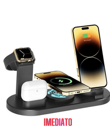 CARREGADOR UNIVERSAL SEM FIO, 6x1 "Aproveite agora nossa oferta exclusiva do carregador seis em um, compatível com Android, iOS, e AirPods aproveite antes que se esgotem. Não perca a chance de ecominizar espaço e tempo." - IMEDIATO SHOP