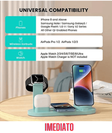 CARREGADOR UNIVERSAL SEM FIO, 6x1 "Aproveite agora nossa oferta exclusiva do carregador seis em um, compatível com Android, iOS, e AirPods aproveite antes que se esgotem. Não perca a chance de ecominizar espaço e tempo." - IMEDIATO SHOP