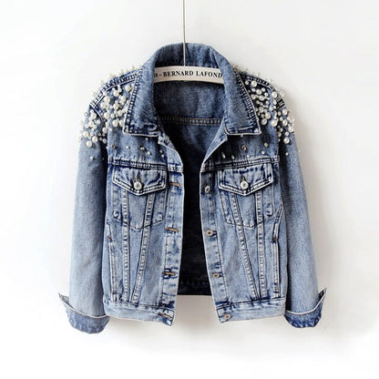 CASACO Pearl Casual Denim Jacket for Women Apresentando nossa elegante e versátil jaqueta jeans para mulheres, o complemento perfeito para o seu guarda-roupa de outono e inverno.