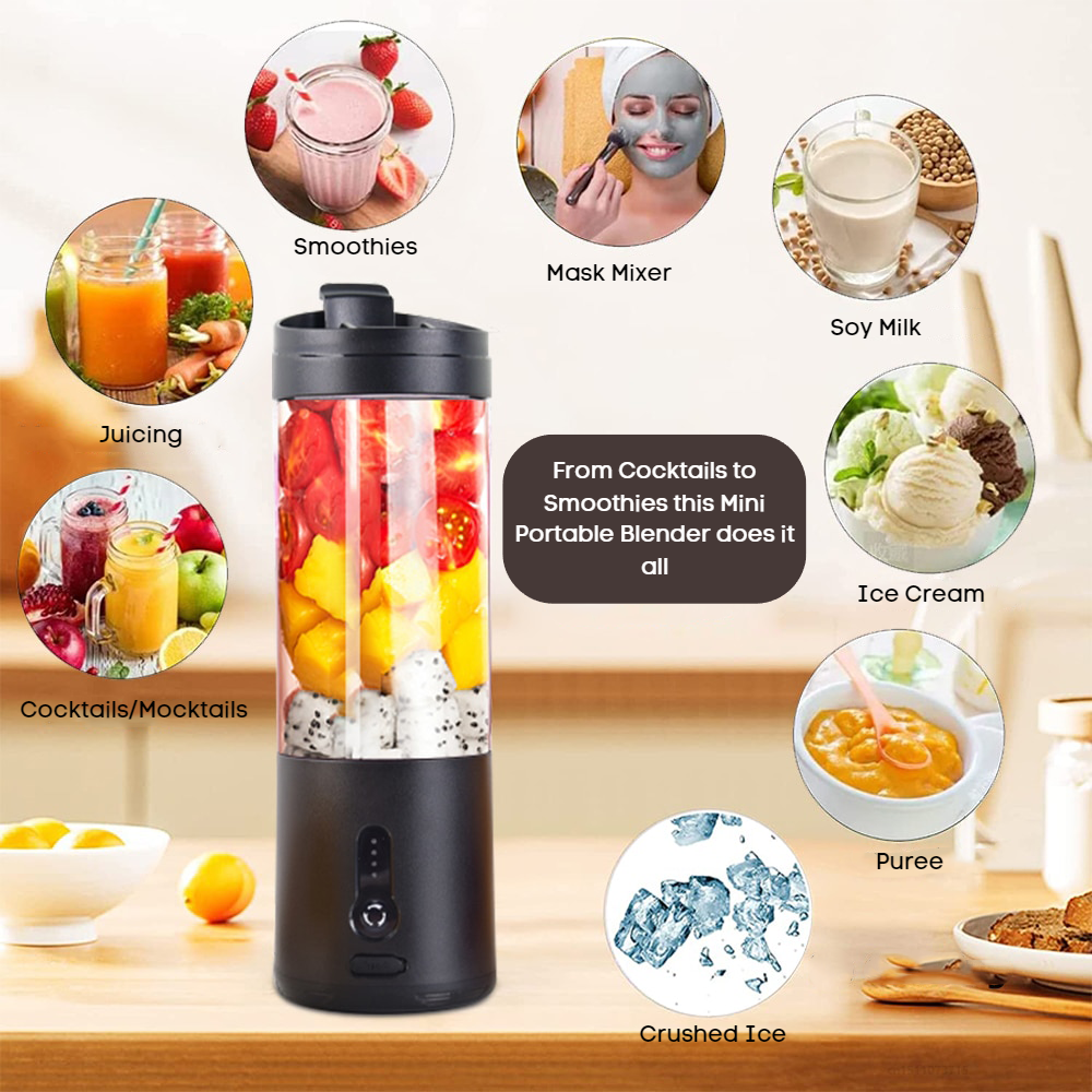 Mini Liquidificador Portátil de aço inoxidável. O liquidificador USB compacto alimentado por bateria que traz a conveniência de um eletrodoméstico de bancada para sua mão. Crie deliciosos smoothies, coquetéis e batidos em qualquer lugar.