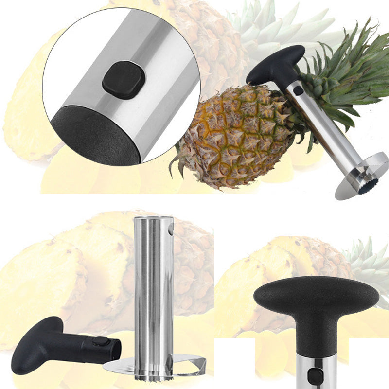 Pineapple Corer  Esta ferramenta de aço inoxidável foi projetada especificamente para descascar, fatiar e retirar o caroço de abacaxi com facilidade.