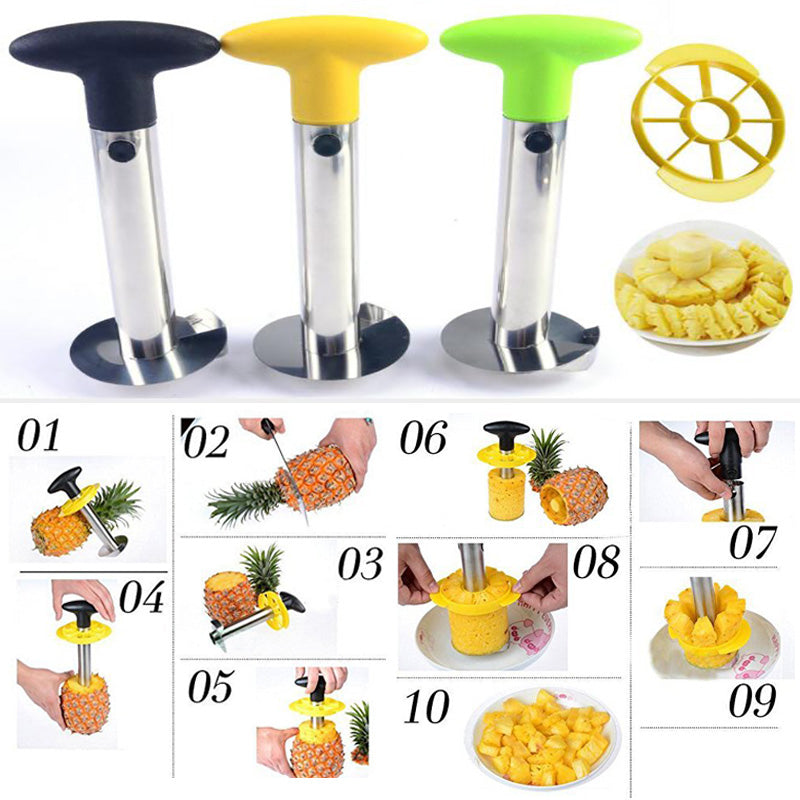 Pineapple Corer  Esta ferramenta de aço inoxidável foi projetada especificamente para descascar, fatiar e retirar o caroço de abacaxi com facilidade.